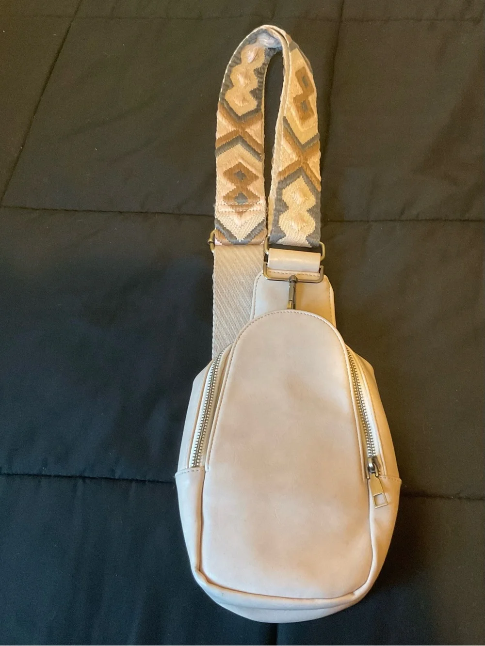 Beige Faux Leather Sling Backpack Crossbody Bag Boho Strap Multi Pocket Purse
